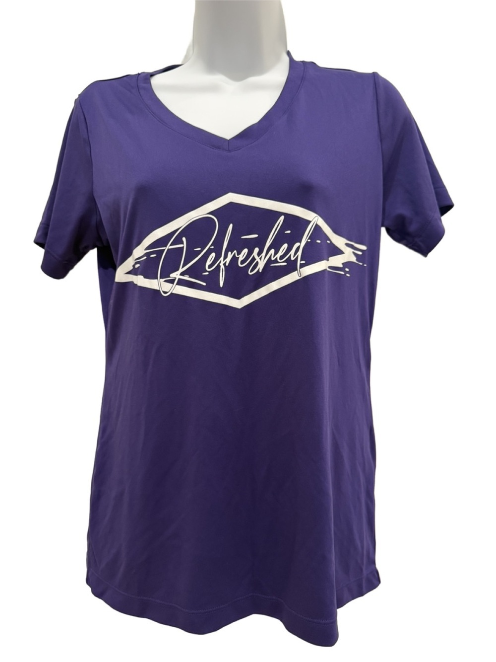 Sport-Tek Purple V-Neck Tee with 'Refreshed' Graphic. Small